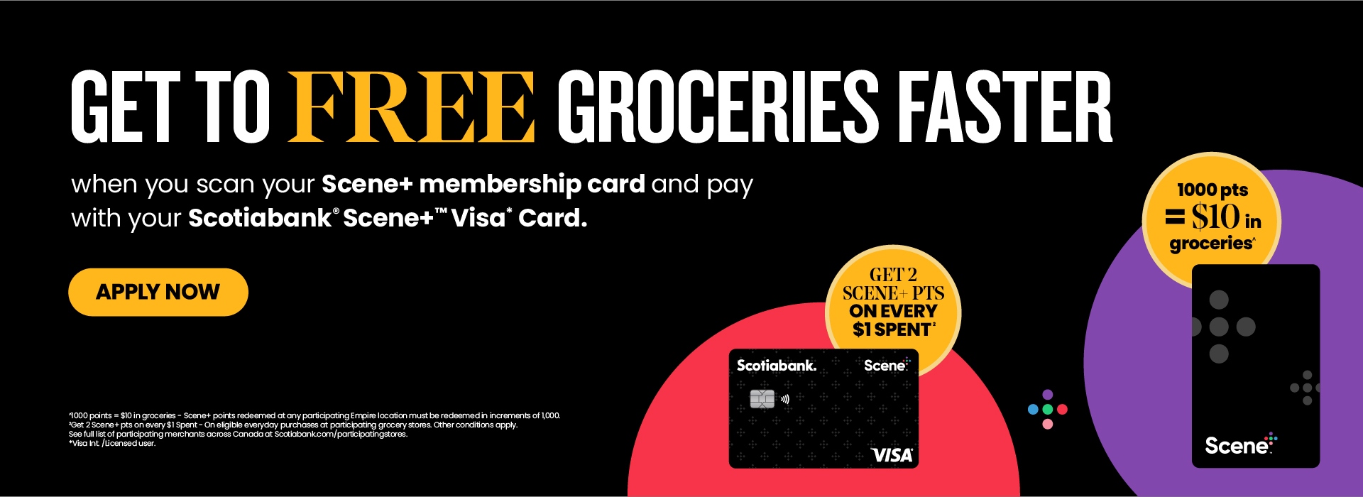 Advertisement for a Scotiabank Scene+ Visa Card. The text highlights the benefit of earning free groceries by earning Scene+ points with every dollar spent. Includes images of Scene+ membership and Visa cards, along with a "Get 2 Scene+ points on every $1 spent" offer.